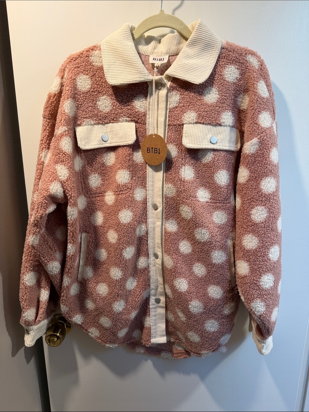 NWT BiBi Pink Polka Dot Sherpa Jacket with Cream Trim: Sample Item